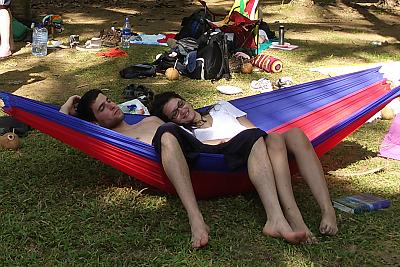 beach day two students in a hammock