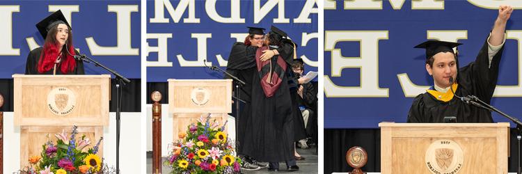 At left, Eric Ellman raises a fist in the air at the podium. Center, 亚历克斯·基拉特索斯得到了父亲的拥抱, trustee Stephen Kiratsous while receiving his degree. At right, 加贝杀伤 makes remarks from the podium.